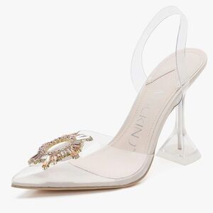 Transparent Point Toe Slingback Pump with Rhinestone Embellishment
